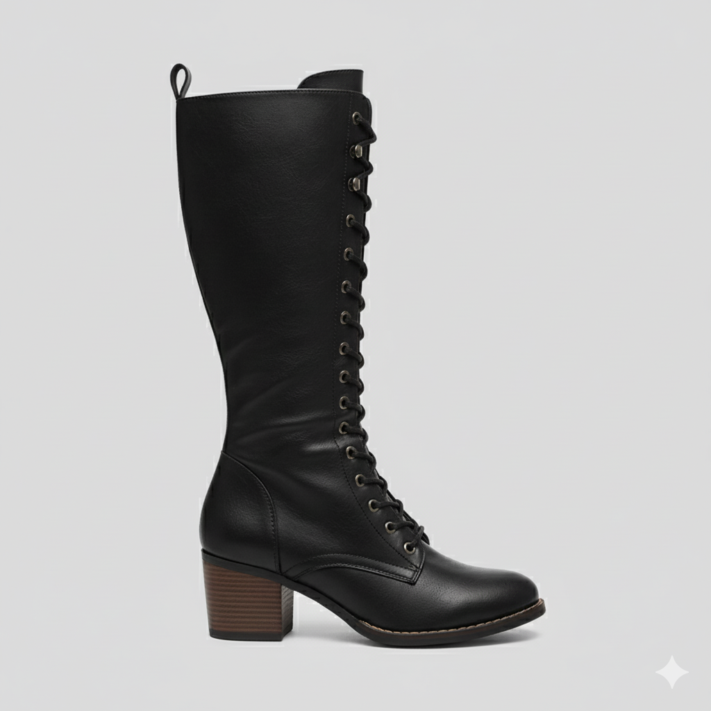 Knee High Boots - Stylish Lace Up Design with Chunky Heel