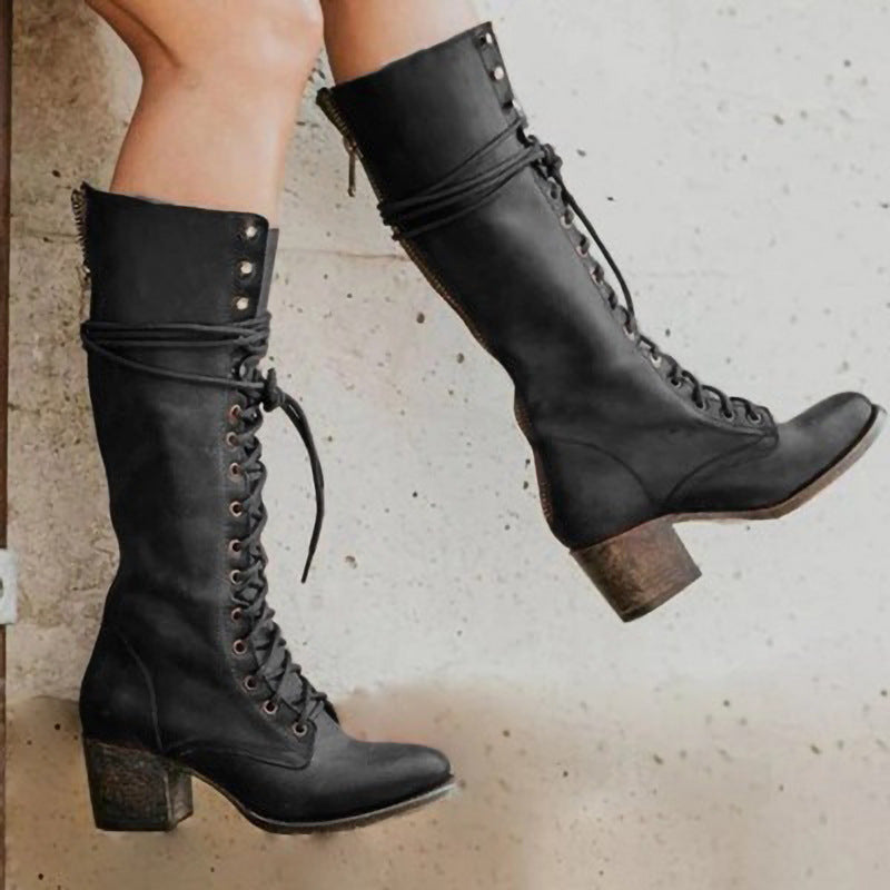 Knee High Boots - Stylish Lace Up Design with Chunky Heel
