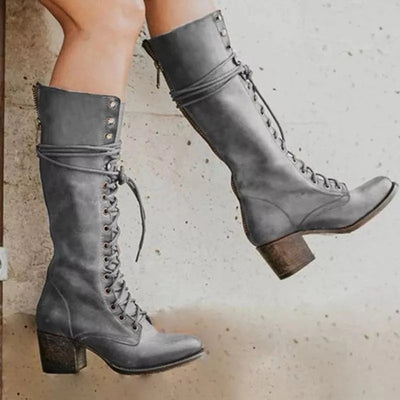 Knee High Boots - Stylish Lace Up Design with Chunky Heel