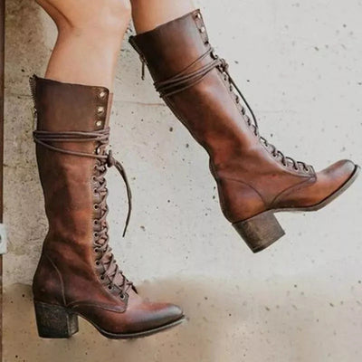 Knee High Boots - Stylish Lace Up Design with Chunky Heel