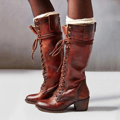 Knee High Boots - Stylish Lace Up Design with Chunky Heel
