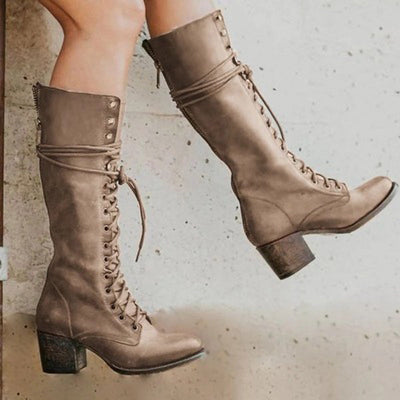 Knee High Boots - Stylish Lace Up Design with Chunky Heel